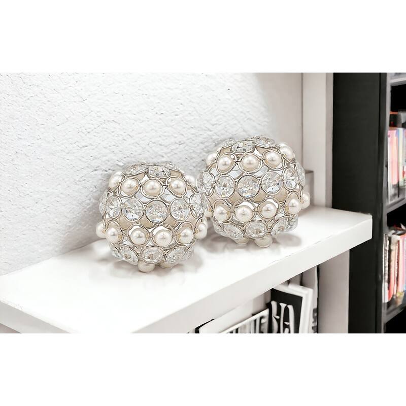 HomeRoots Set of Two Silver and Clear Faux Crystal and Pearl Decorative Orbs - 3 x 3 x 3