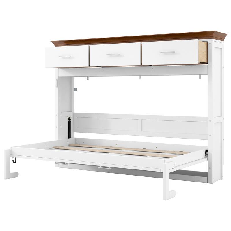 Space-Saving Twin Murphy Bed with 3 Drawers & Storage Shelf, White