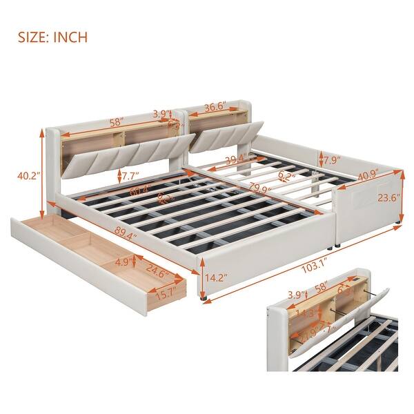 Queen Size & Twin XL Size Upholstered Platform Bed, Mother & Child Bed with Hydraulic Storage System, Drawer Box & USB Ports