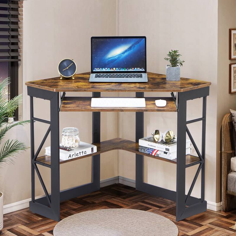 VECELO Triangular Corner Desk with Keyboard Tray Space Saving Metal Computer Desk for Home Office Study Bedroom - Anti Brown