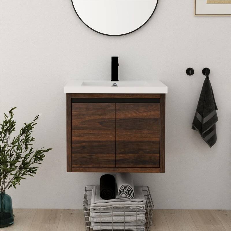 Bathroom Vanity With Sink In 24 Inch, Floating Bathroom Vanity With Soft Close Door - 23.62"W-Assembly Required - California Walnut