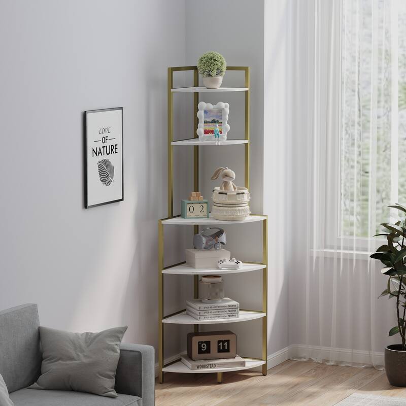6-Tier Corner Open Shelf Bookcase Wood Rack Freestanding Shelving Unit,Plant Album Trinket Sturdy Stand Small Bookshelf