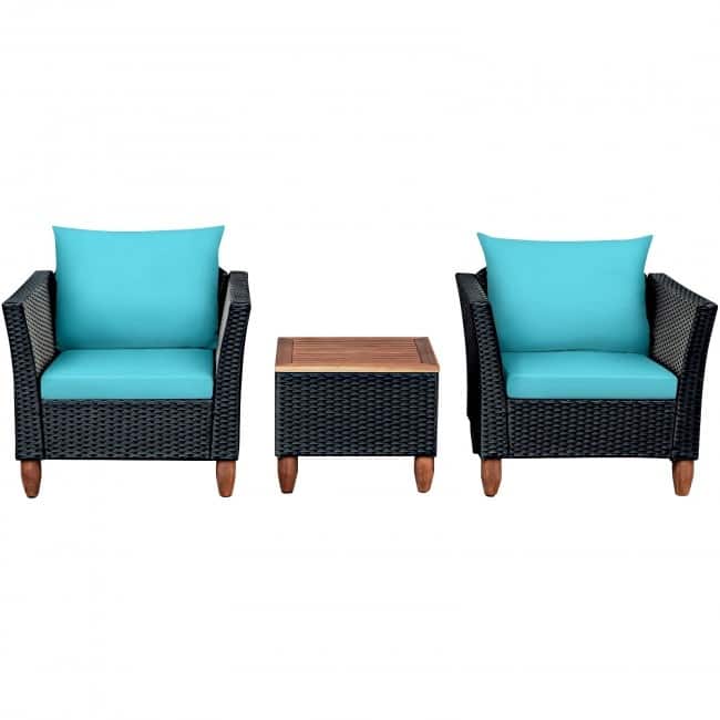 3 Pcs Outdoor Patio Rattan Furniture Set Wooden Table Top Cushioned Sofa - 29" x 27" x 28" (L x W x H)