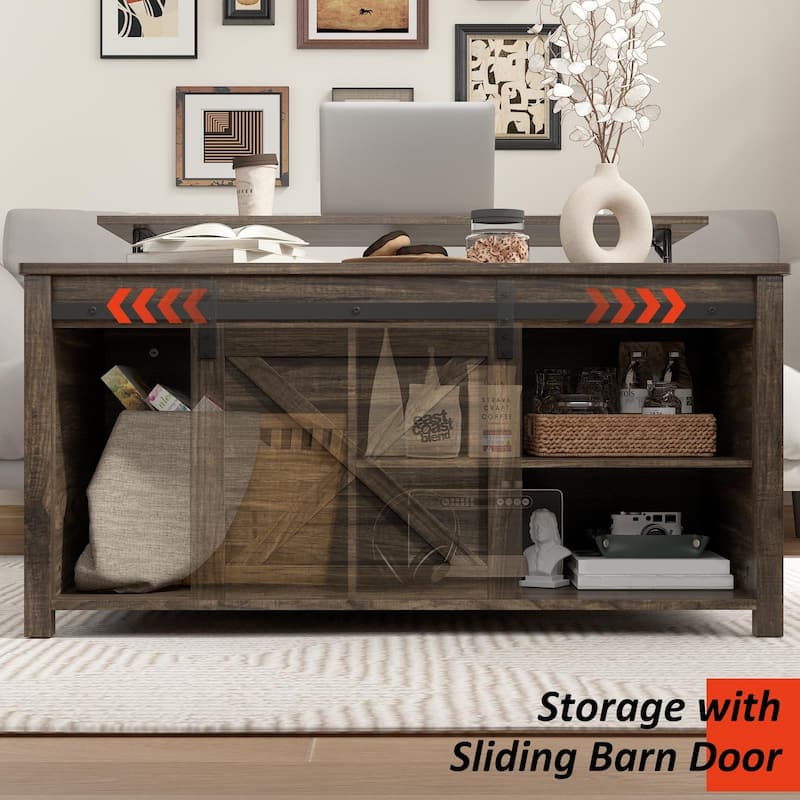 BOSSIN 31.5" Square Farmhouse Lift-Top Coffee Table - Wooden Living Room Center Table with Hidden Storage