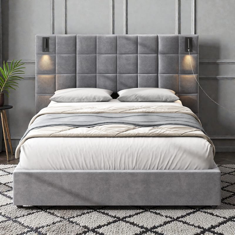 Velvet Upholstered Bed Frame with Wide Headboard, Wall Sconce with USB Port, No Box Spring Needed