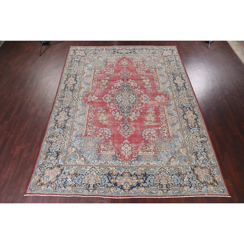 Antique Vegetable Dye Floral Kerman Persian Wool Area Rug Hand-knotted - 11'0" x 14'5"