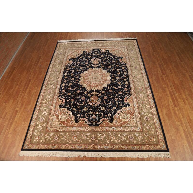 Vegetable Dye Floral Tabriz Chinese Rug Handmade Wool and Silk Carpet - 9'1" x 12'1"