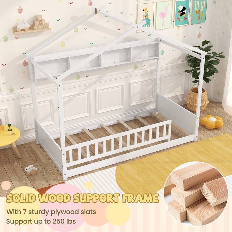 Gymax Twin Size House Bed w/Storage Shelf Headboard & Guardrail Wooden