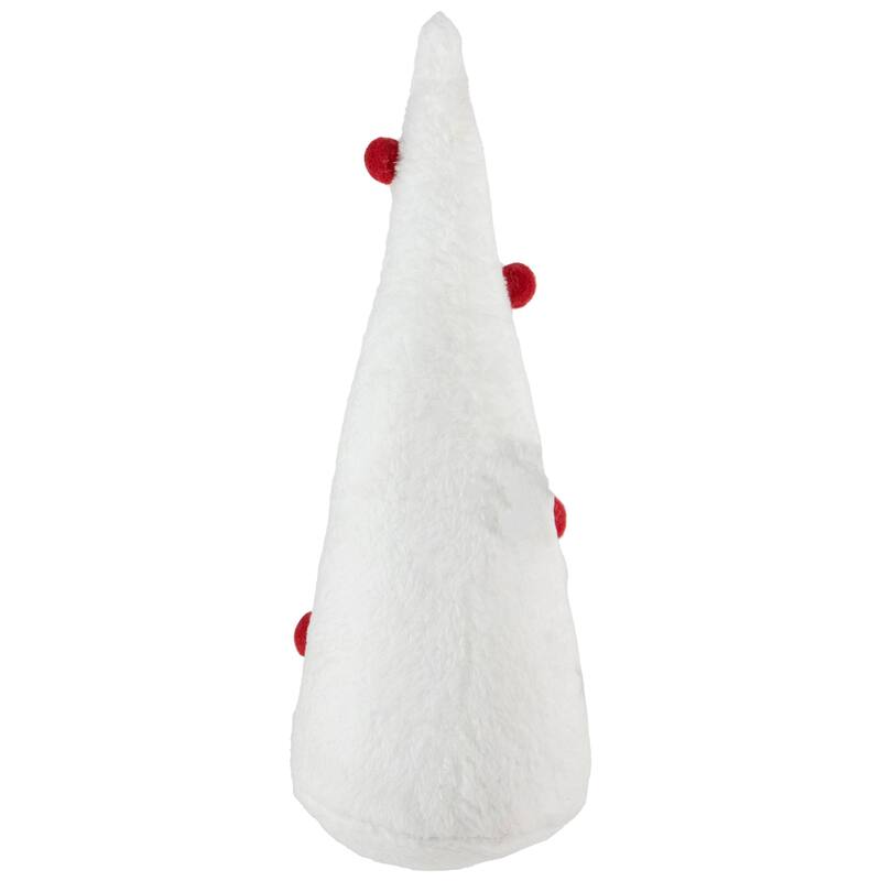 11" White Plush Christmas Cone Tree with Red Pompom Ornaments