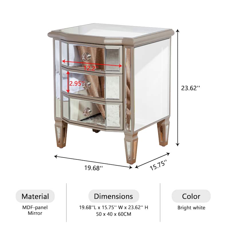 Accent Mirror Glass 3 Drawers Vintage Nightstand End Table