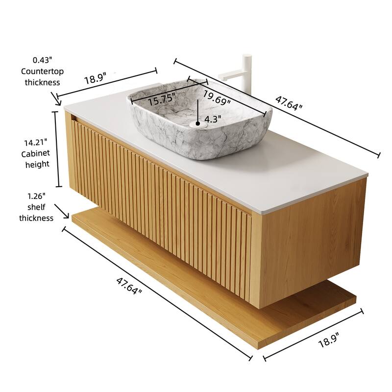 GDFStudio - Hizon Modern 48" Floating Bathroom Vanity with Ceramic Basin, Corolla Oak Finish & Open Shelf, WITHOUT Faucet
