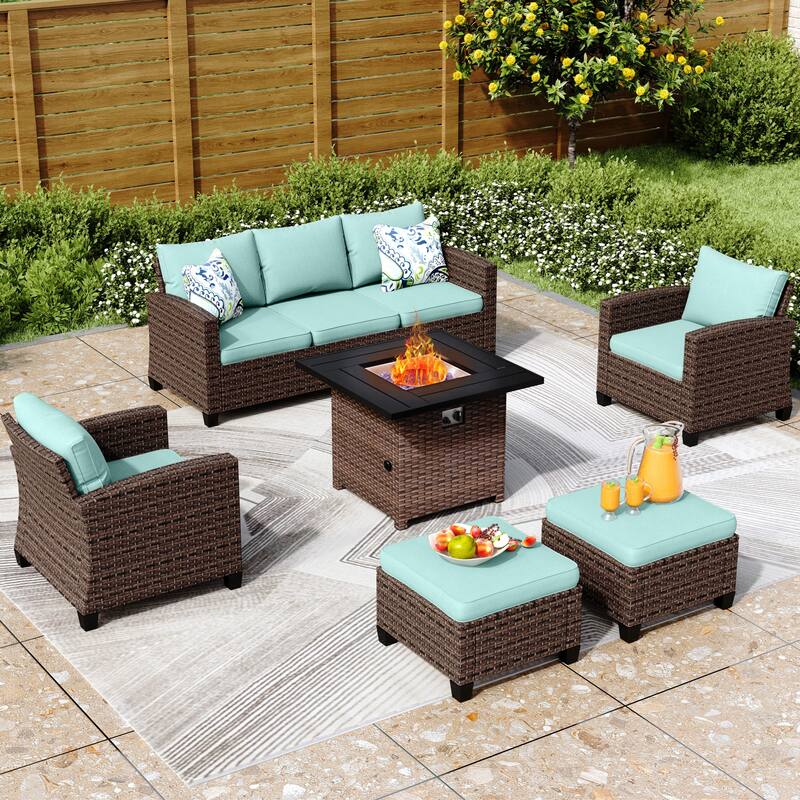 7/9-Seat Patio Furniture Wicker Rattan Outdoor High-back Sectional Sofa Conversation Set with Firepit Table - 7 Seats + 32" Fire Pit - Lake Blue