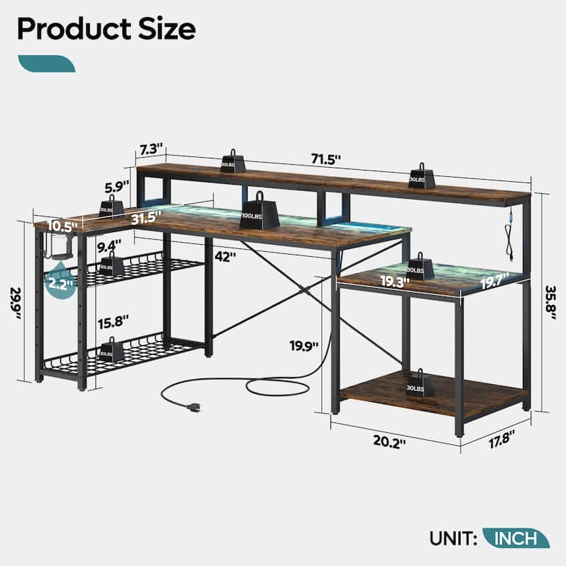 Bestier 71.5“” Computer Desk with Power Outlets, L Shaped LED Home Office Desk with Long Monitor Stand and Cup Holder & Hooks