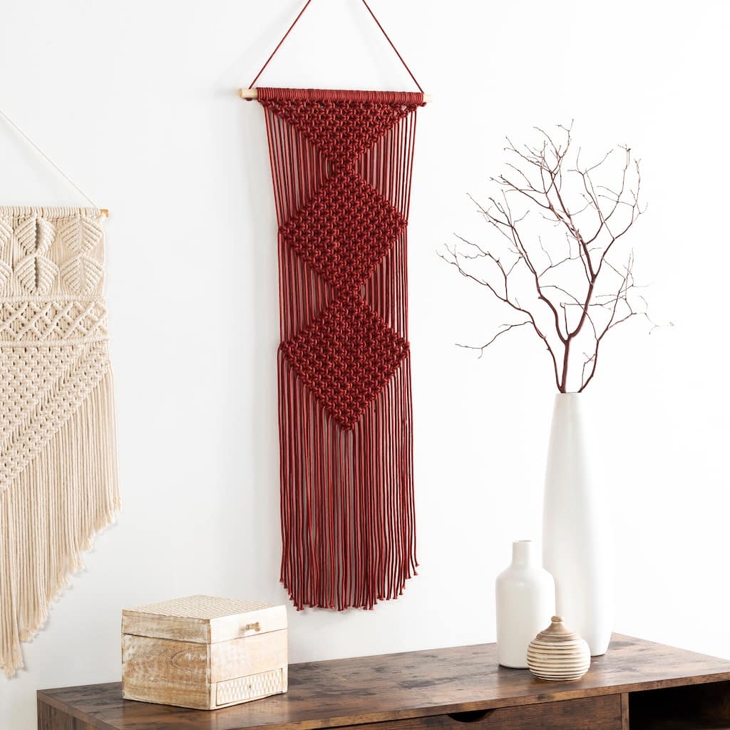 Linsey Burgundy Diamond Macrame Wall Hanging - 40"H x 14"W