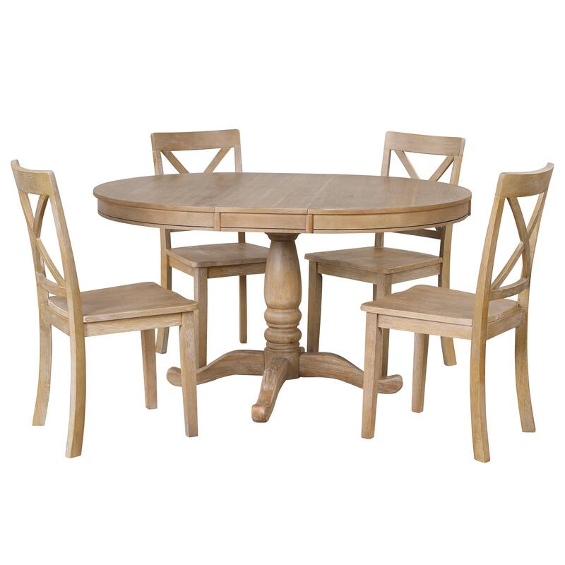 Extendable Dining Table, Round Table and Four Wooden Dining Chairs, Rustic Kitchen Table and Chair Set