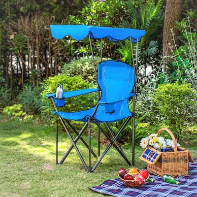Camp Chairs with Shade Canopy Chair Folding Camping Recliner Support 350 LBS