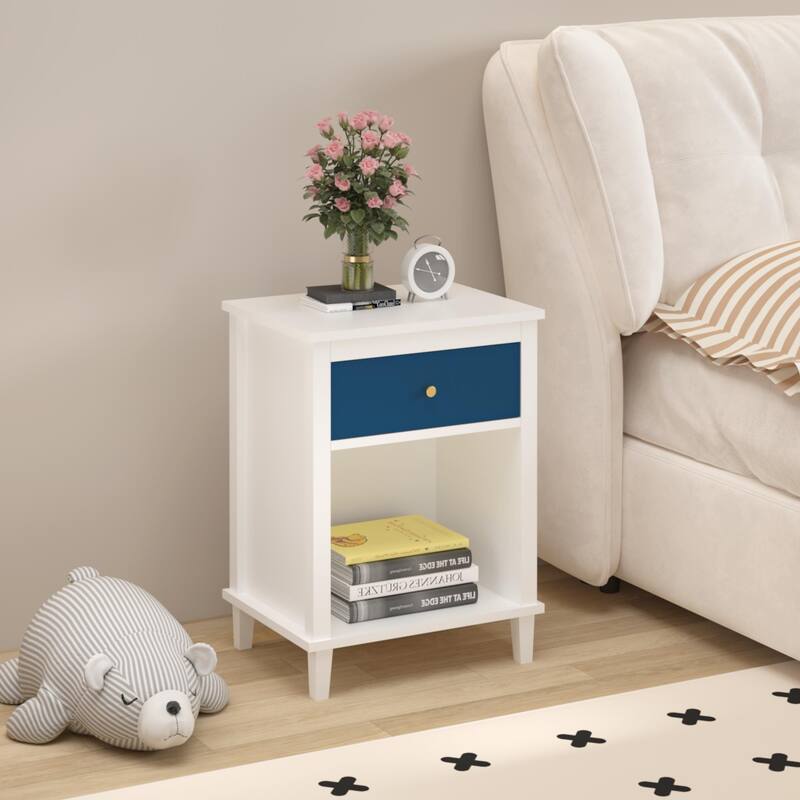 26.77" H Wooden Nightstand with One Drawer One Shelf for Kids, Adults, Navy+Golden handle