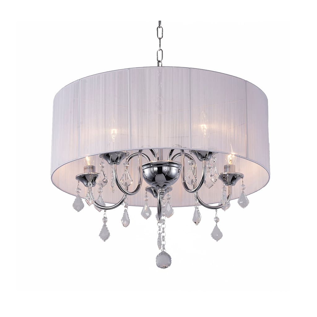 5 Light Chrome Metal Chandelier with White String Shade & Crystal Accents - D22'' H17''