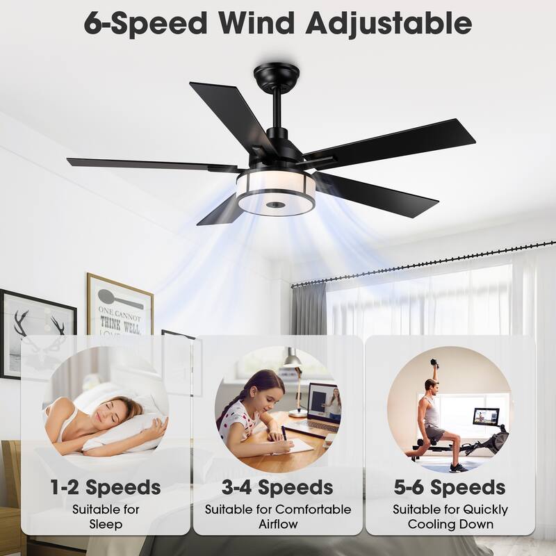 52" Modern Black Reversible Dimmable Integrated LED Ceiling Fan with Light and Remote - 52" W x 52" D x 17.72" H
