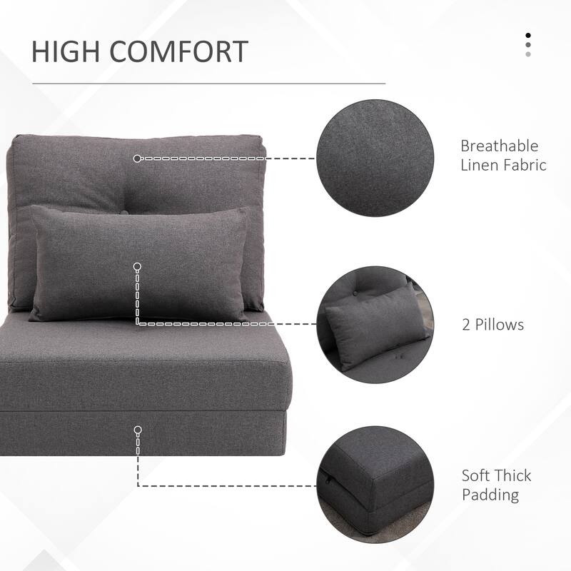 Adjustable Floor Linen Sofa Bed with Backrest Folding Couch with Pillow and Steel Frame - 23.5" W x 31.5" D x 22" H