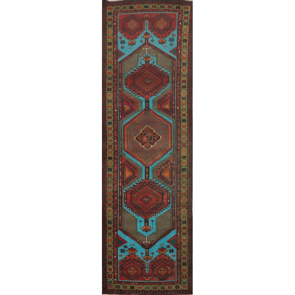 Hand Knotted Oriental 100% Wool Carpet Traditional Tribal Navy Blue & Blues Ardebil Runner Rug - 13' 11'' X 3' 6''