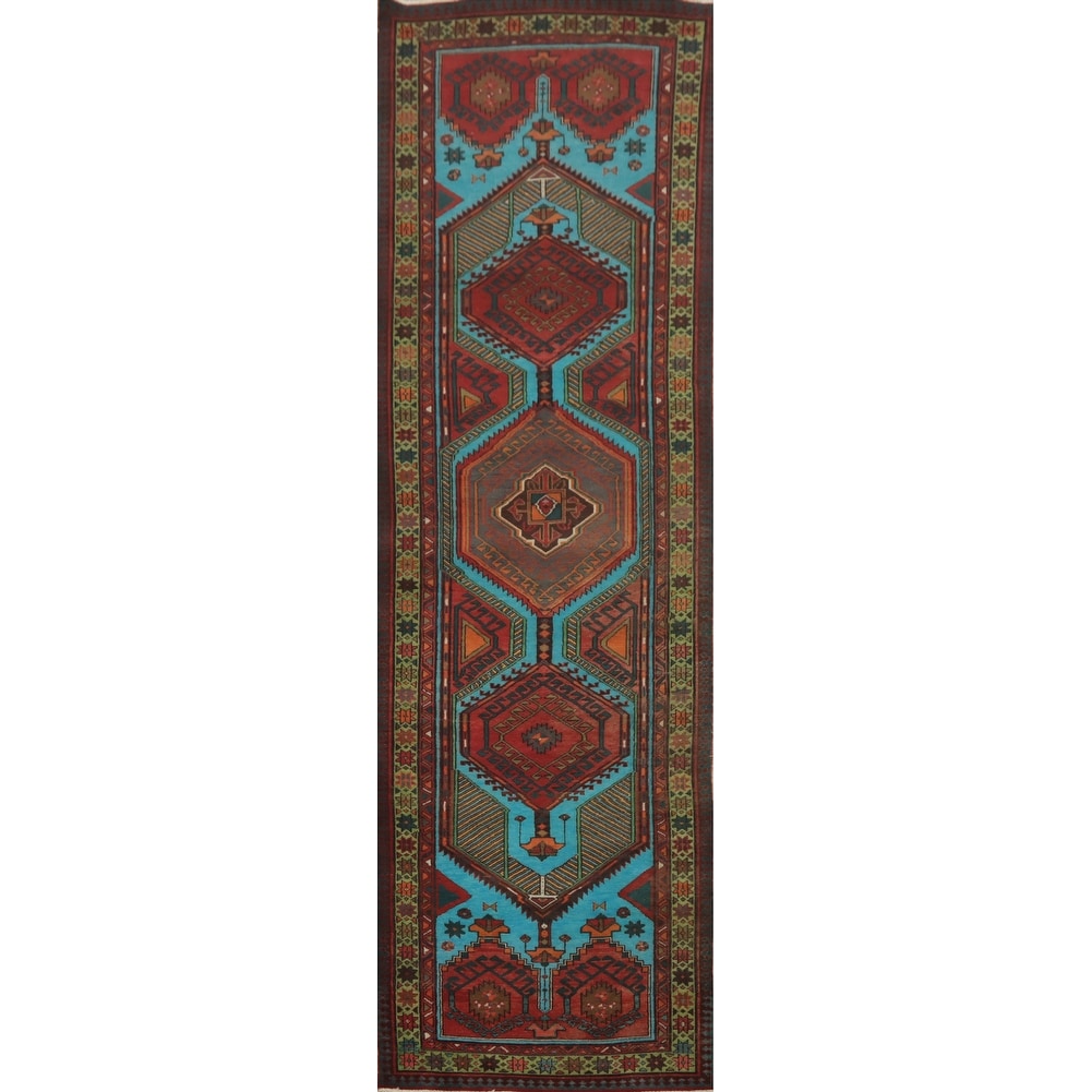 Hand Knotted Oriental 100% Wool Carpet Traditional Tribal Navy Blue & Blues Ardebil Runner Rug - 13' 11'' X 3' 6''