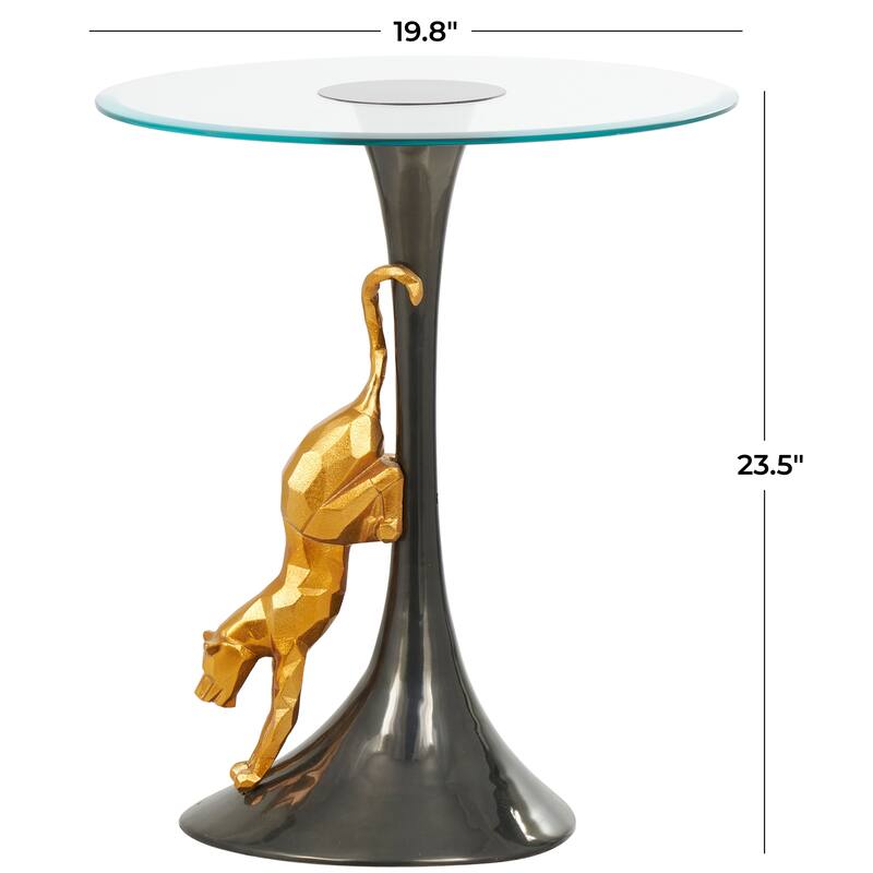 Aluminum Metal Leopard Accent Table with Gold Leopard Accent and Tempered Glass Top - Black - Roche River Decor