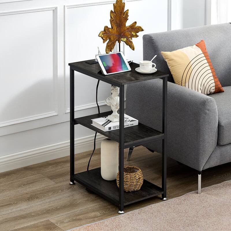 Javlergo Nightstand with Charging Station, Side End Table with 3-tier Open Storage