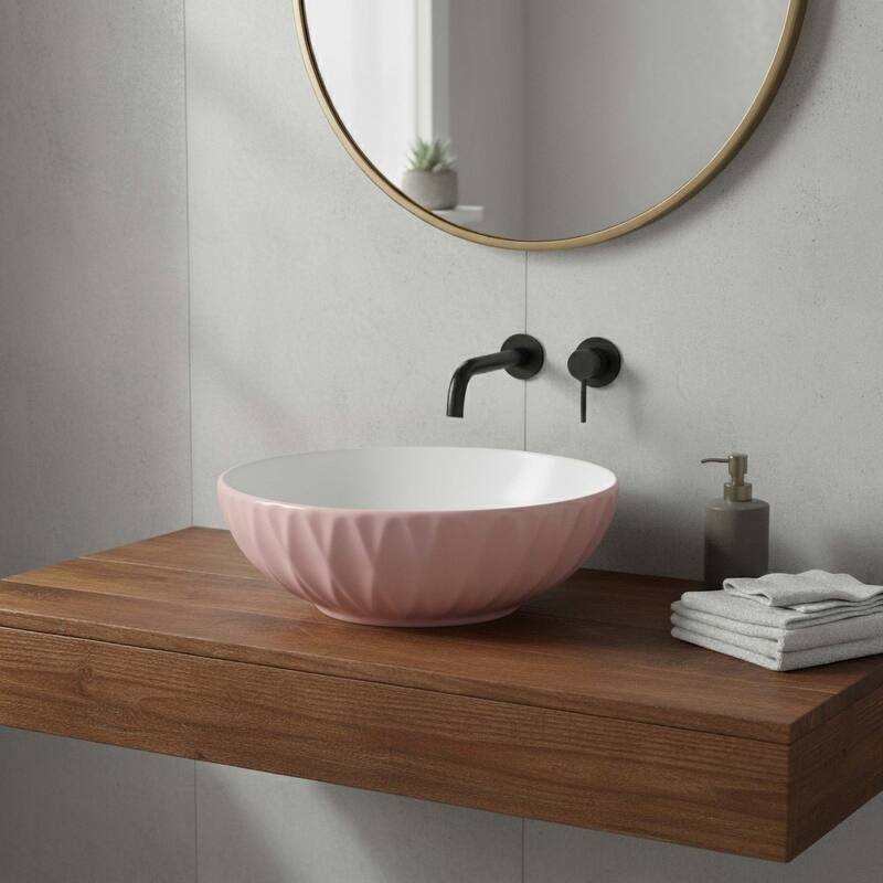 16 inch Round Ceramic Vessel Bathroom Sink - Modern Textured Bowl Design - 16" Round - Vintage Rose