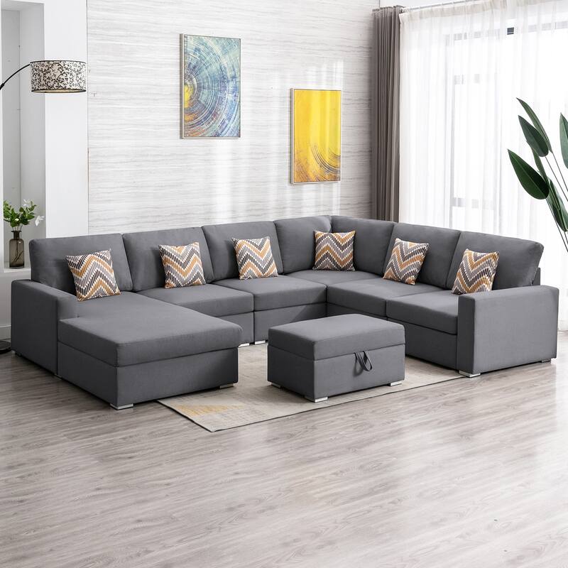 Linen Fabric 7 Piece Reversible Chaise Sectional Sofa with Interchangeable Legs, 7 Pillows and Storage Ottoman