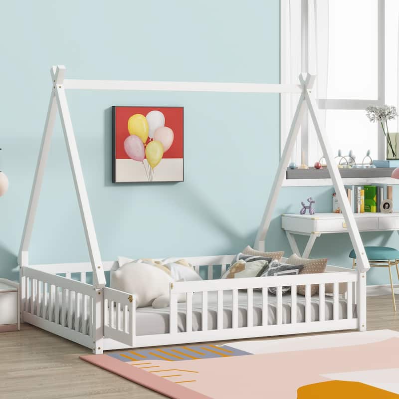Roomfitters Twin/Full Tent-Shaped Floor Bed with Teepee Frame, Rubber Wood Platform with Guardrails, Slats and Door