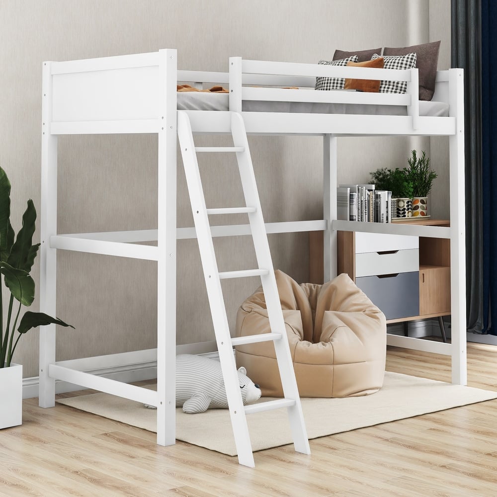 Modern Simple Style Twin Size Solid Pine Wood Loft Bed with Full Length Guardrail and Inclined Ladder