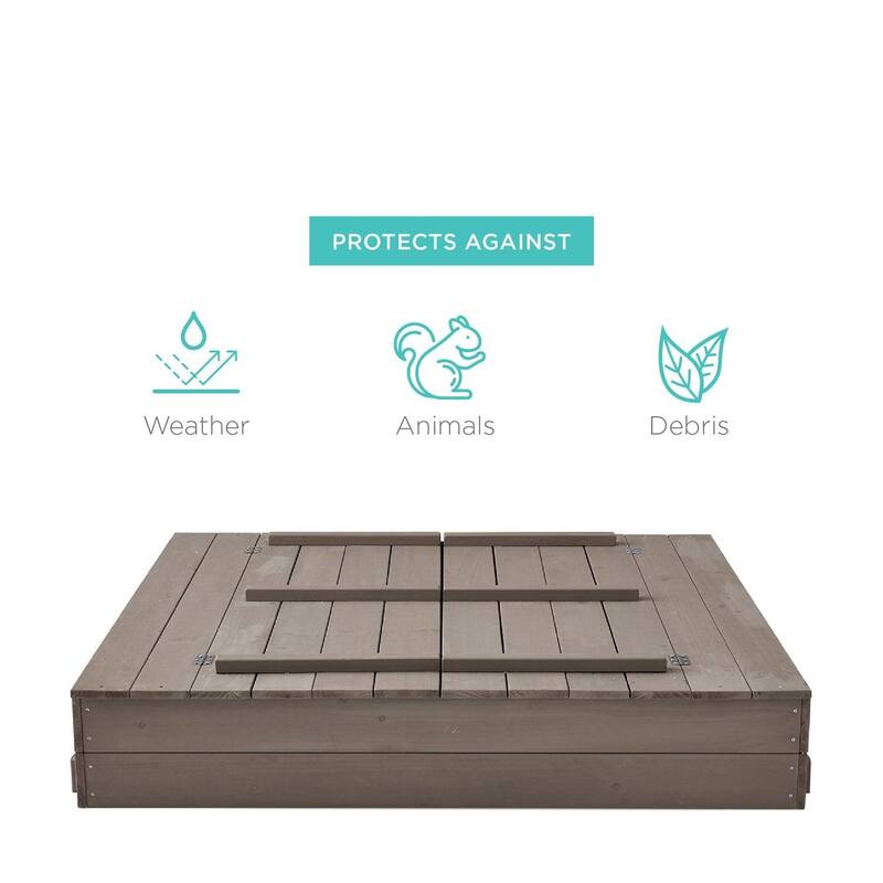 Grey Cedar Kids Sandbox with Foldable Cover and Built-In Benches for Backyard Playtime - 47.25"(L) x 49"(W) x 8.5"(H)