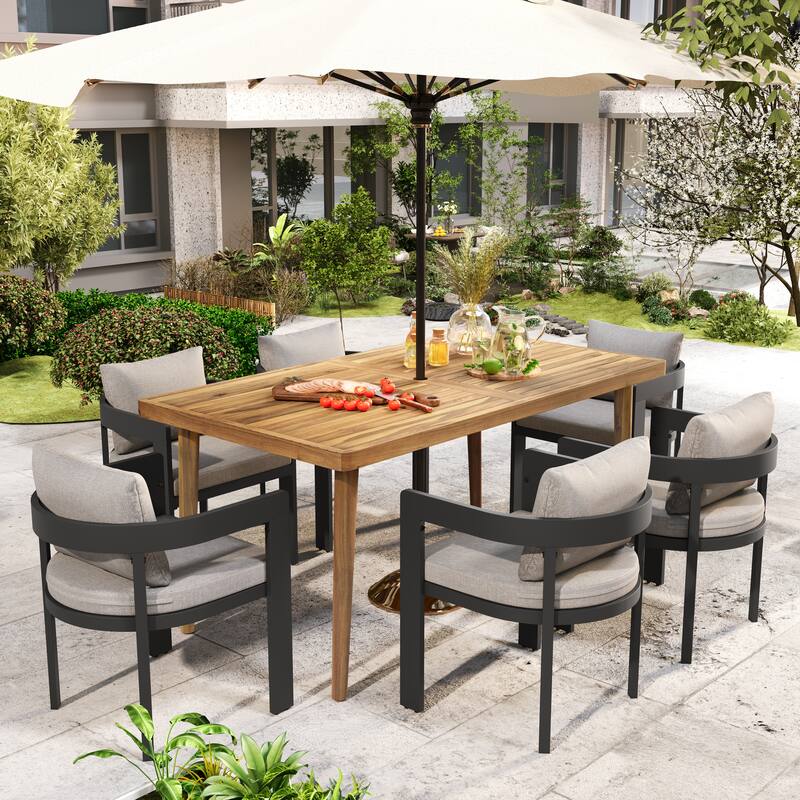 Roomfitters 7 Pcs Outdoor Dining Set, Modern Patio Furniture Set, Wooden Table & 6 Chairs with Cushions - Beige