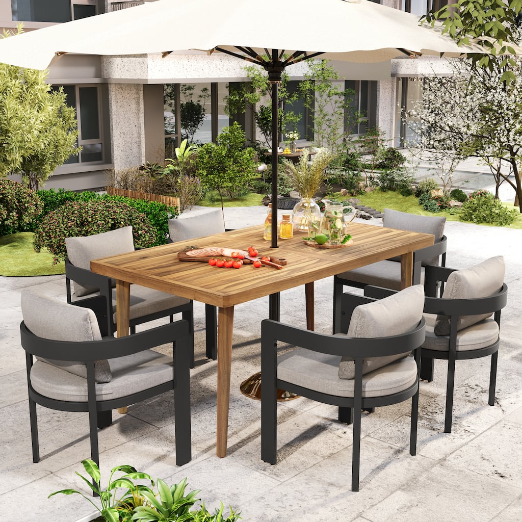 Roomfitters 7 Pcs Outdoor Dining Set, Modern Patio Furniture Set, Wooden Table & 6 Chairs with Cushions