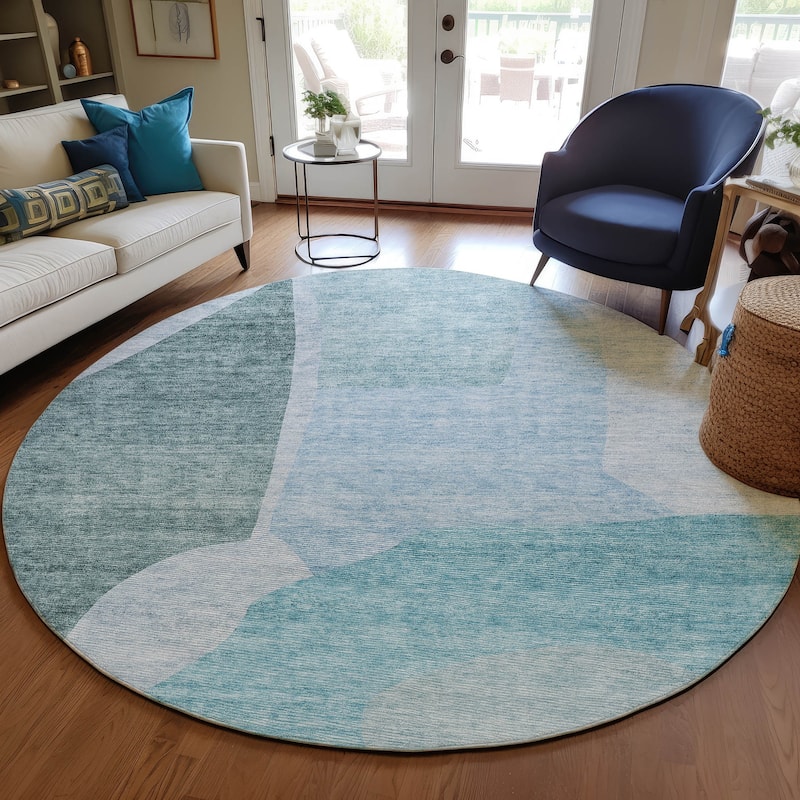 Machine Washable Indoor/ Outdoor Chantille Contemporary Abstract Rug - Teal - 8' x 8'