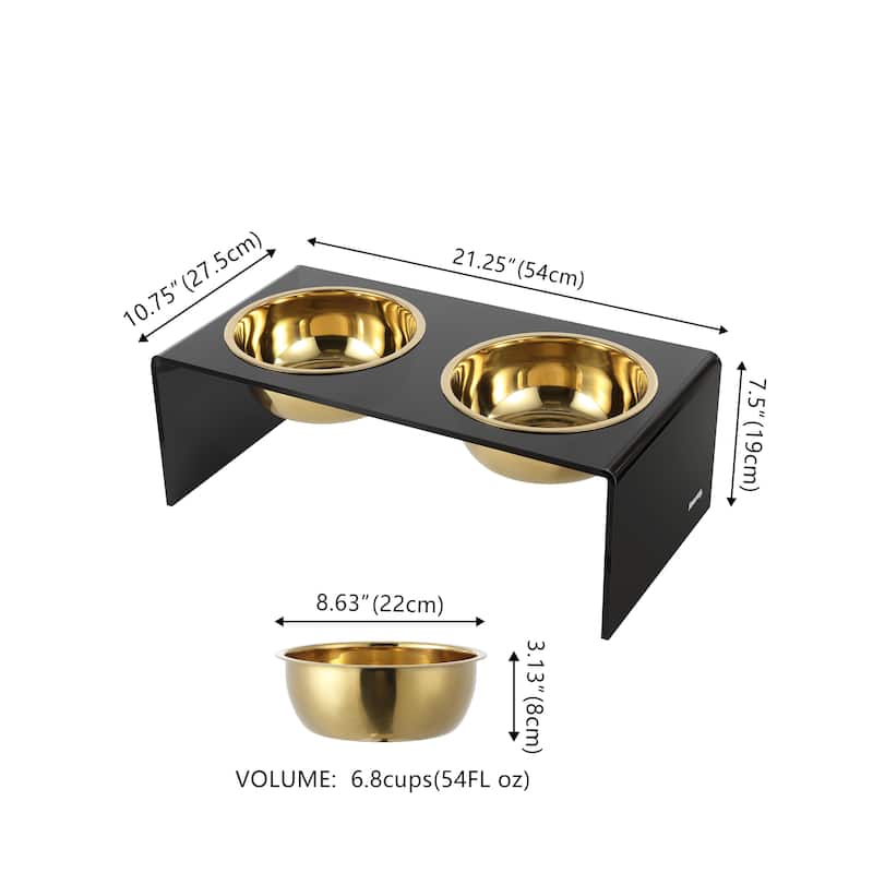 Keaton 7.5" Medium/Large Modern Lucite Rectangular Elevated Pet Feeder with 54oz 2-Stainless Steel Bowls
