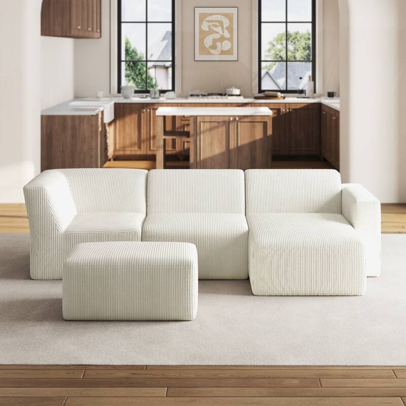 114" W Fully Sponge Molded Modular Sectional Sofa Chaise with Ottoman - Beige - Right Facing