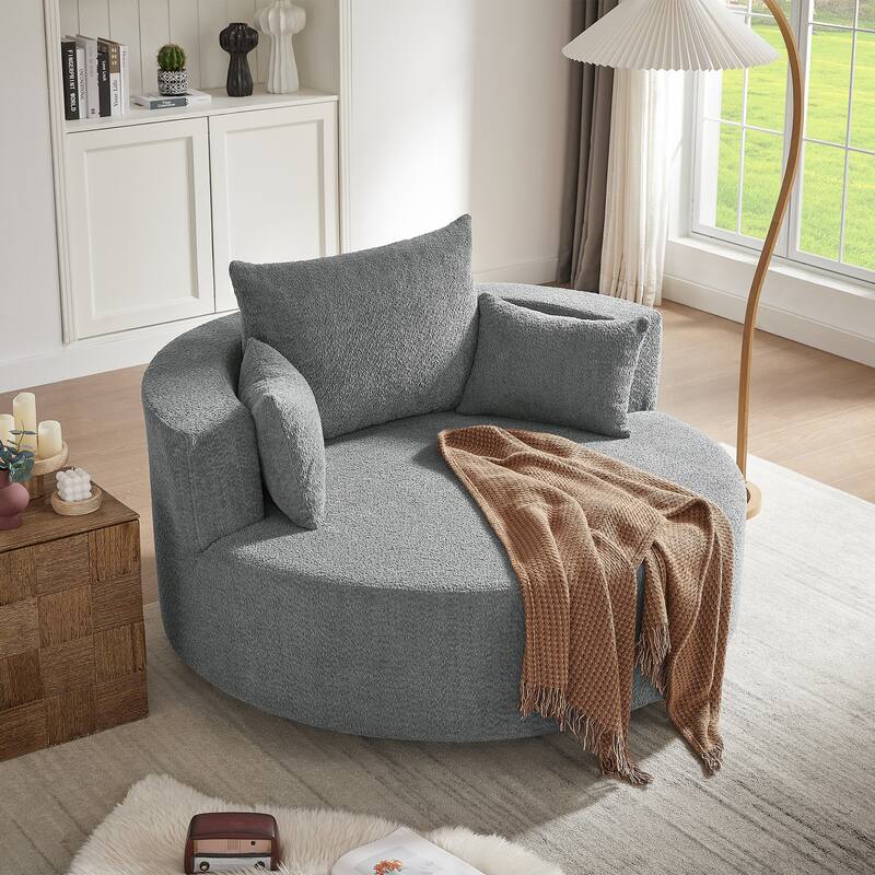 Chenille Accent Barrel Chair Lounge Chair, Round Sofa Chair Armchair with 360-Degree Swivel Base and 3 Removable Pillows - Grey