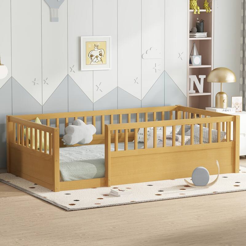 Solid Wood Floor Bed Frame without Slats, Montessori Kids Floor Beds with Full Length Fence, No Box Spring Needed