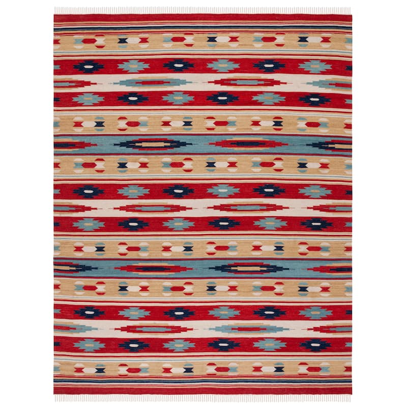 SAFAVIEH Kilim Chikae Southwestern Wool Fringe Rug - 9' x 12' - Beige/Red