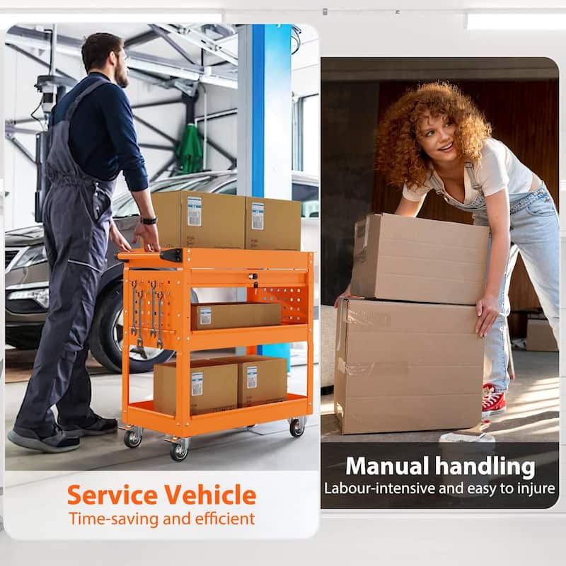3-Tier Rolling Tool Cart on Wheels for Mechanics with Utility Drawer