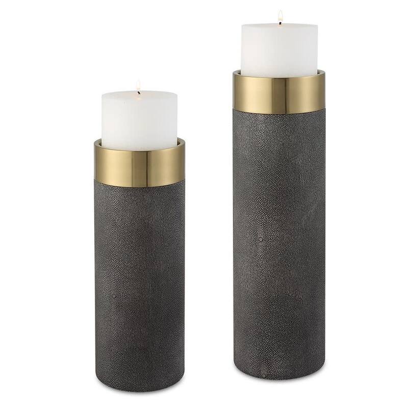 Uttermost 18061 Wessex Metal Table Pillar Candle Holder - Set of 2 - Antique Brushed Brass / Gray
