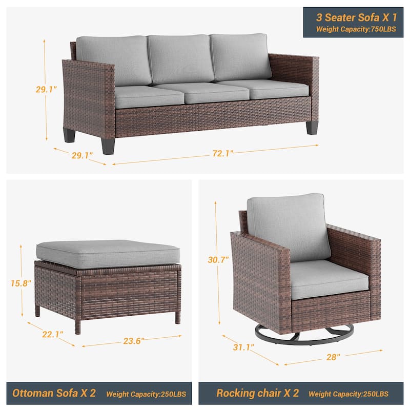 LIVOOSUN 5Pcs Patio Brown Rattan Outdoor Furniture Swivel Rocking Sofa Set