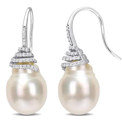 Miadora White South Sea Cultured Pearl and 1/3ct TDW Diamond Swirl Hook Earrings in 14k White Gold