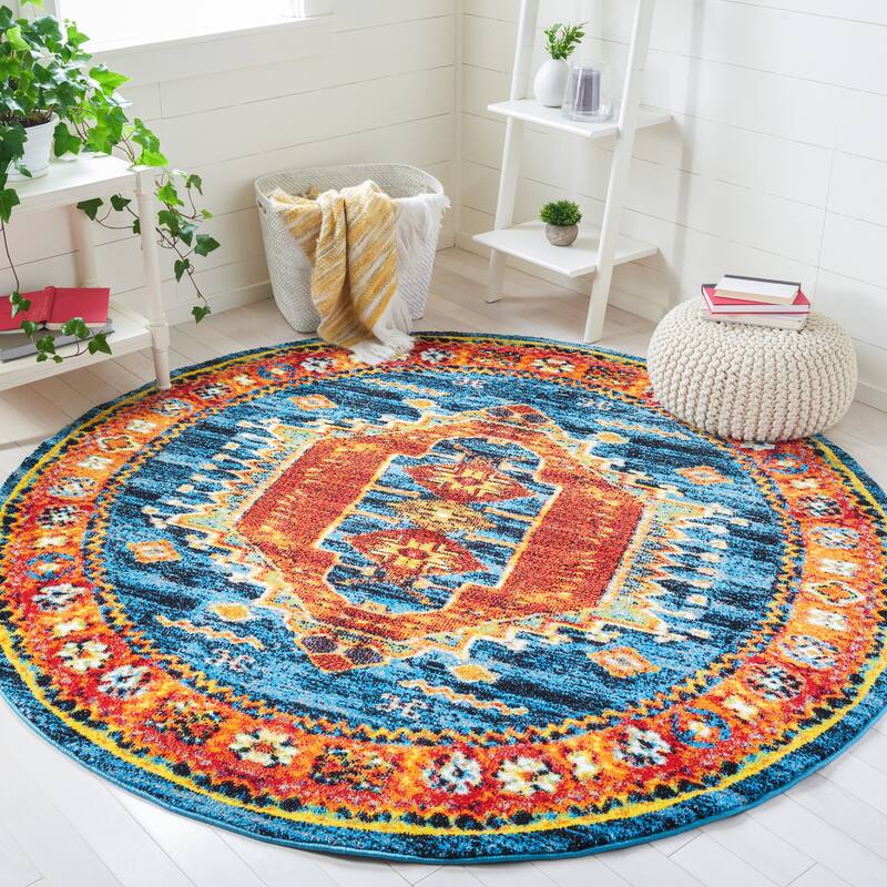 SAFAVIEH Vintage Hamadan Leonieke Rug - 6'7" Round - Blue/Orange
