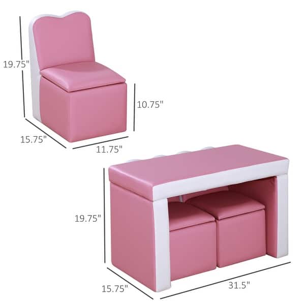 dimension image slide 1 of 2, Qaba Kids Sofa 2-in-1 Multi-Functional Table Chair Set 2 Seat Couch Storage Box Soft Sturdy