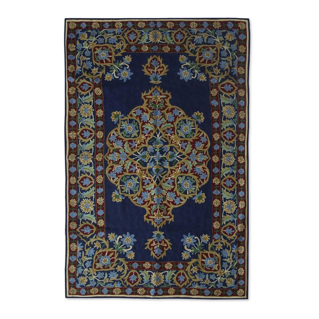 Handmade Season of Flowers Wool chain-stitch rug (India ) - Big