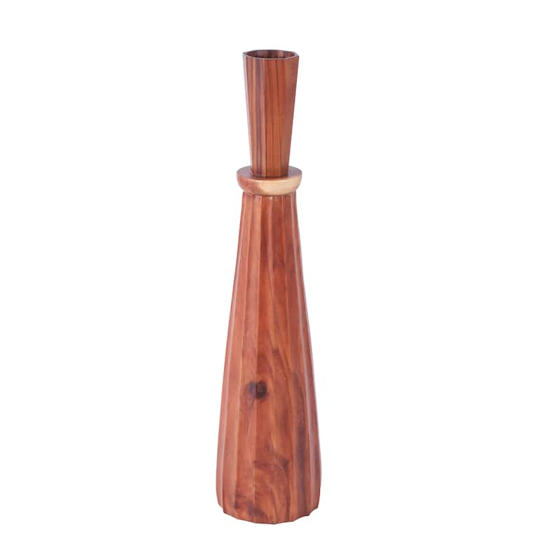 Brown Wood Handmade Tall Pleated Hourglass Floor Vase