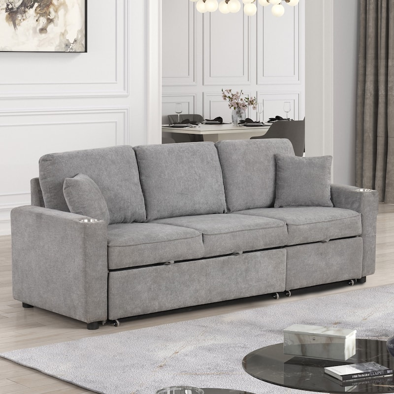 Furniture of America Durem Modern Space-Saving Sleeper Sofa Sectional with Cup Holders - Light Grey